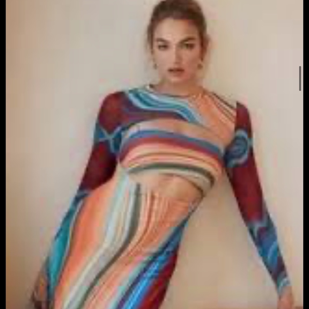 AFRM Revolve Matera Swirl-Striped Maxi Dress in Blue Abstract NWT Small - Picture 3 of 12